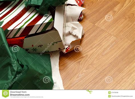 Unwrapped Christmas Ts And Torn Wrapping Paper Stock Image Image