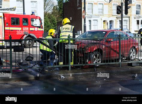 Car Crash Fireman And Fire Truck In Attendance North London Uk