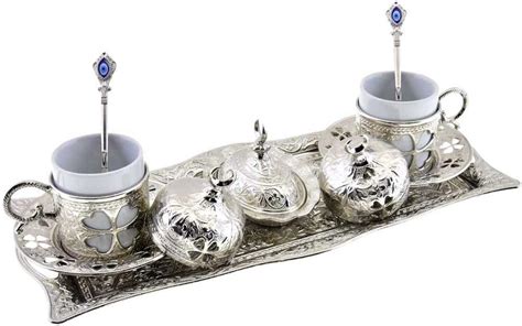 Turkish Arabic Coffee Cups Tray Set Espresso Tea Greek Silver UK