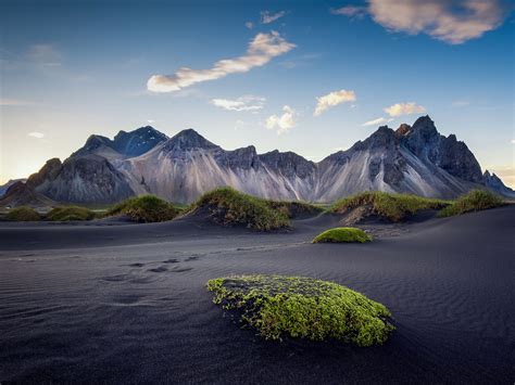 Photo Landscapes Of Iceland Black Sand Beach Rocky Mountain Peaks Blue