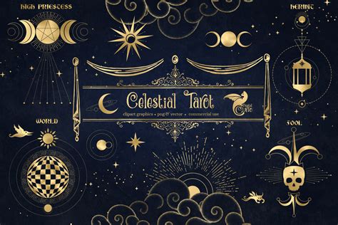 Celestial Tarot Illustrations And Clip Art Gold Vector And Etsy