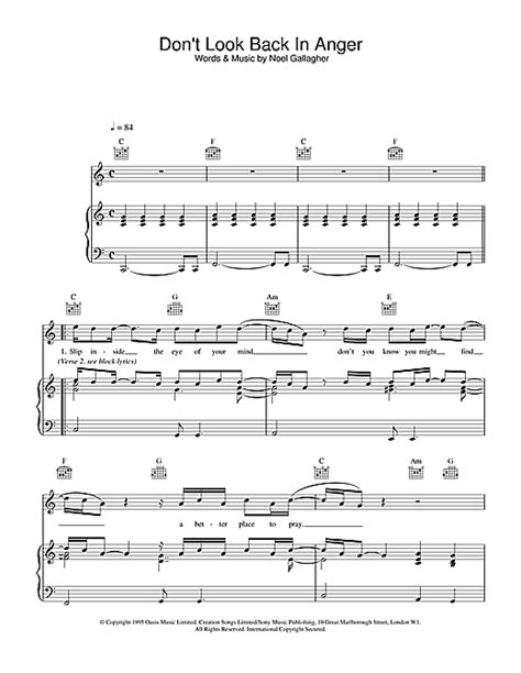 Dont Look Back In Anger Sheet Music By Oasis Piano Vocal And Guitar