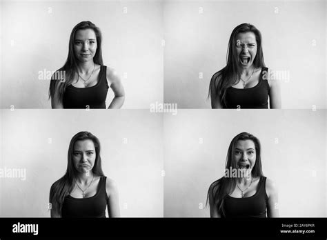 Set Of Black And White Photo Of Young Womans Portraits With Different