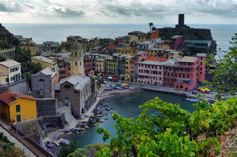 Aerial View Of Vernazza Fishing Cinque Terre Stock Image Image Of