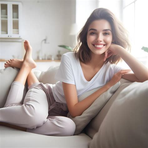 Premium Ai Image Cheerful Woman Lying And Relaxing On Sofa At Home
