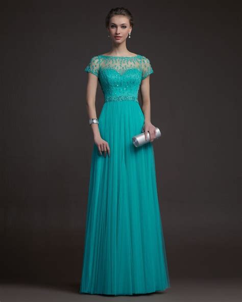 Free Shipping Short Sleeve Teal Tulle Long Elegant Evening Dress Prom ...