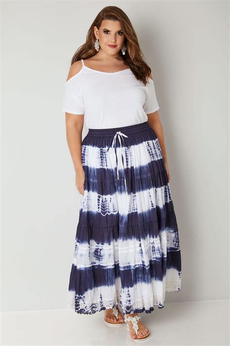 White And Navy Tie Dye Tiered Maxi Skirt With Lace Trim Hem Plus Size 16