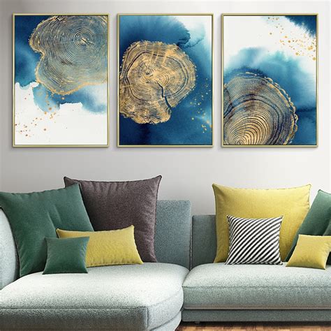 Abstract Canvas Art Blue Gold Paintings Nordic Scandinavian Poster