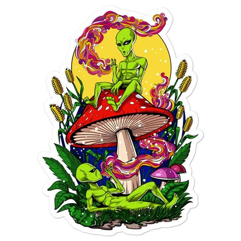 Magic Mushrooms Aliens Smoking Weed Psychedelic Sticker Psychonautica