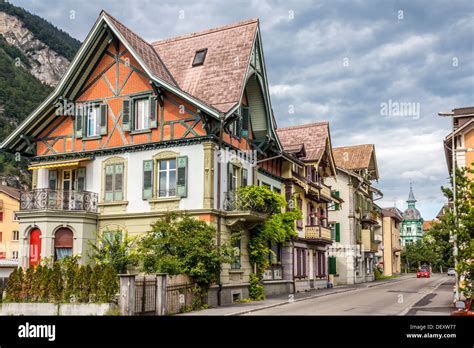Traditional Swiss Houses In Interlaken Switzerland Stock Photo