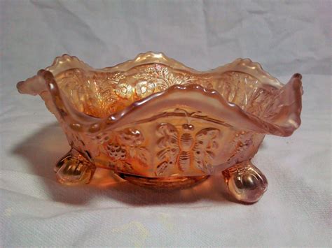 Fenton Carnival Glass Marigold Panther Butterfly Small Fruit Bowl Footed Mint Carnival Glass