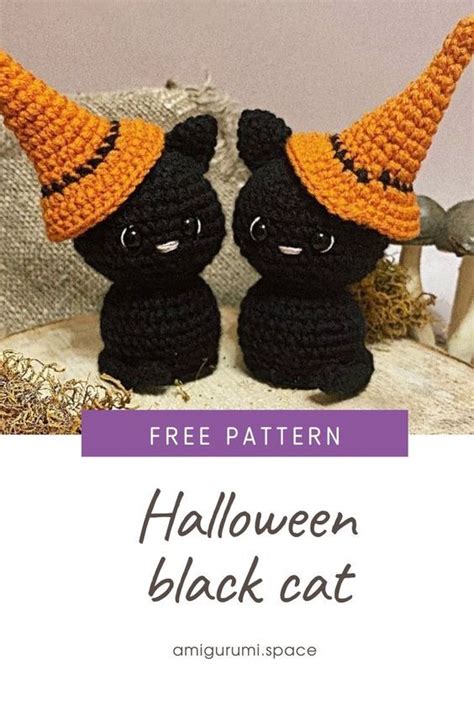 Two Crocheted Black Cats Wearing Halloween Hats