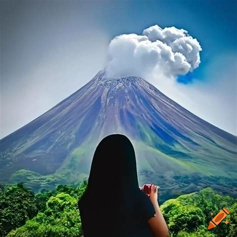 Girl Capturing The Beauty Of Mayon Volcano On Craiyon
