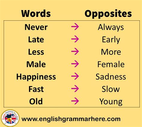 650 Opposite Words In English Detailed Vocabulary List English