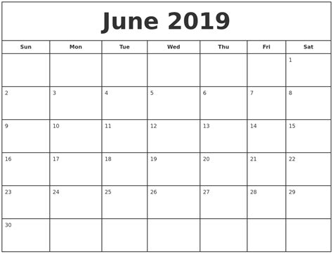 Fillable June 2019 Calendar Printable