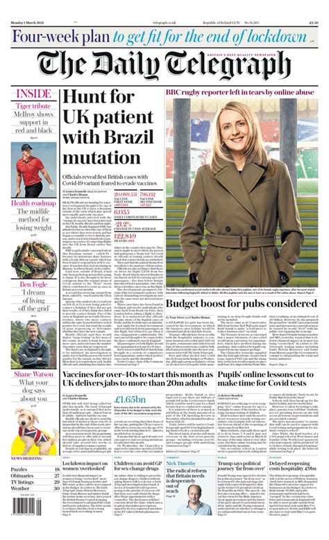 Daily Telegraph Front Page 1st Of March 2021 Tomorrows Papers Today