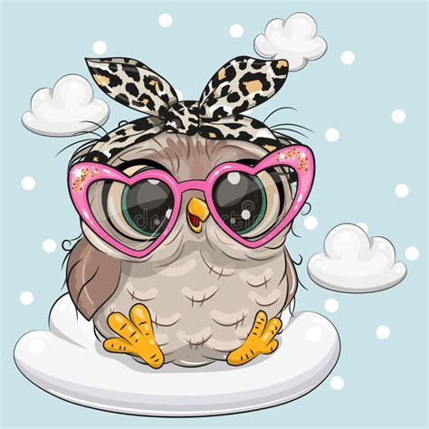 Cartoon Owl In Pink Glasses On The Cloud Stock Vector Illustration Of