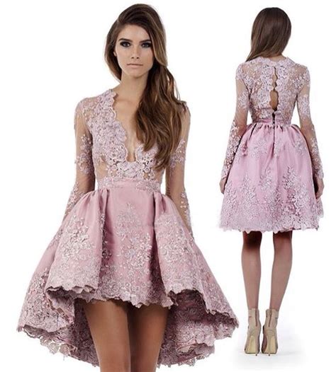 Long Sleeve High Low Homecoming Dresses Lace Short Prom Dress Party