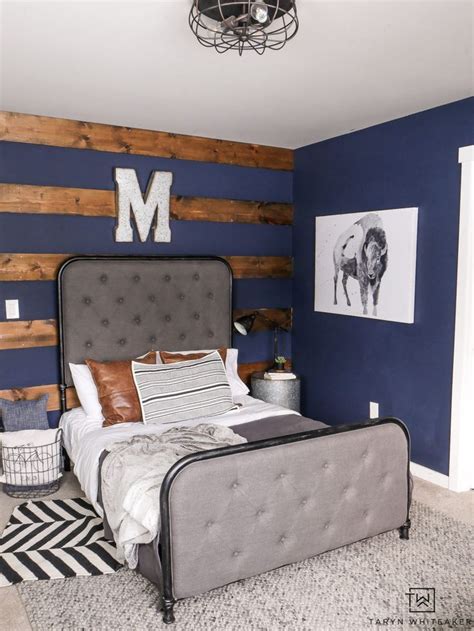 Rustic Boys Room With Dark Navy Walls And Wood Accents Love The