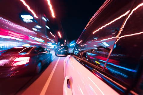Pov Of Car Driving At Night City With Motion Blur Stock Photo Image