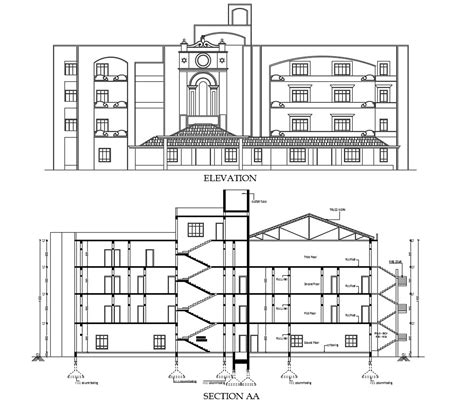 All Sided Elevation And Lateral Section Details Of Five Bedroom