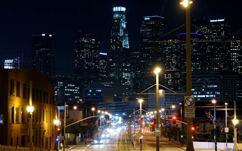 Los Angeles Downtown Skyline At Night Los Angeles Wallpaper