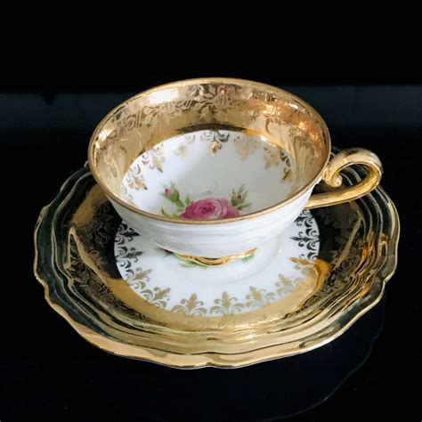 Vintage Demitasse Tea Cup And Saucer Bavaria Germany Heavy Gold Trim Rose Center Ornate Farmhouse