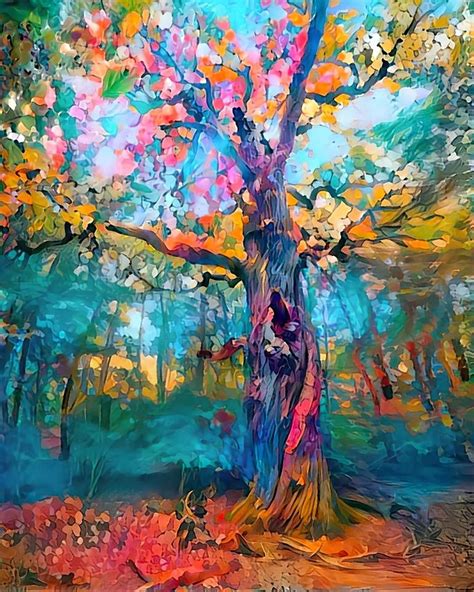 An Oil Painting Of A Tree In The Woods With Colorful Leaves On Its