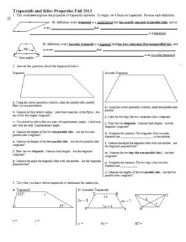 In this trapezoids and kites worksheet, students find the measures of given angles in an isosceles trapezoid. Made by Teachers: Geometry Worksheet Kites And Trapezoids