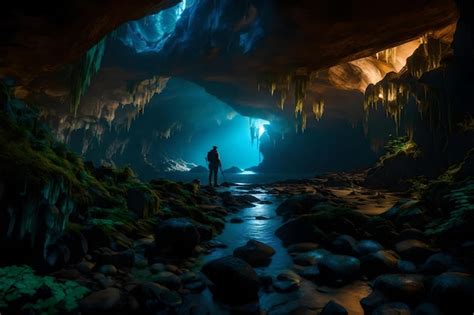 Premium Ai Image A Man Stands In A Cave With A Blue Light On The Ceiling