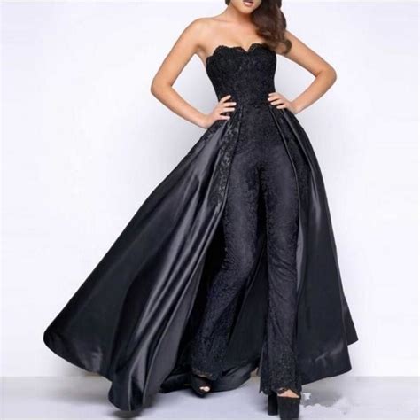 Black Lace Stain Prom Jumpsuit With Puffy Detachable Overskirt 2019