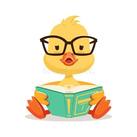 Little Yellow Duck Chick In Glasses Sitting And Reading Book Cute Emoji Character Vector