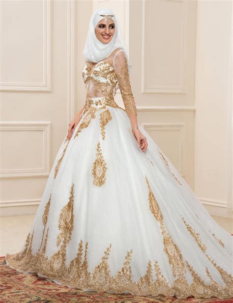 Buy Gold Lace Muslim Wedding Dresses With Sleeves 2016