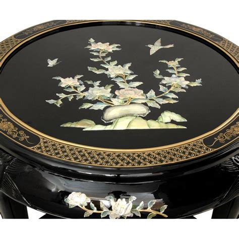 Black Lacquer Mother Of Pearl Round Coffee Table W Four Etsy
