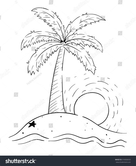 Palm Tree With Sketchy Style On The Island With Ocean Wave
