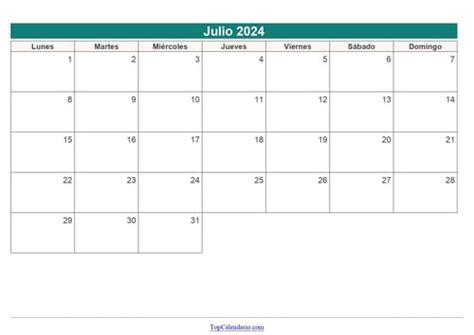 Calendario Julio 2024 Para Imprimir Mensual