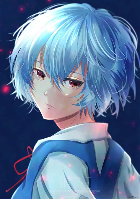 Safebooru 1girl Ayanami Rei Bangs Blue Background Blue Hair Closed Mouth From Side Hair
