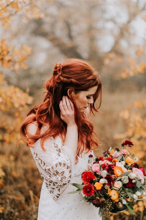Bohemian Fall Wedding In The Forest Of San Diego Bright Fall Wedding Bouquet Redhead Bride