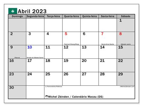 Calendário De Abril De 2023 Para Imprimir “macau Sd” Michel Zbinden Mo