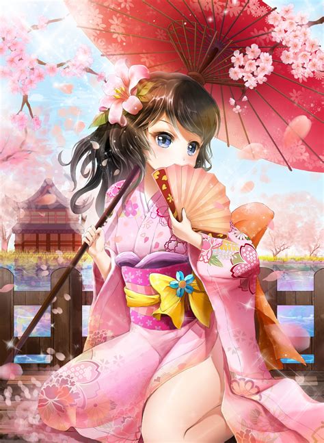 wallpaper illustration anime girls umbrella original characters japanese clothes pink