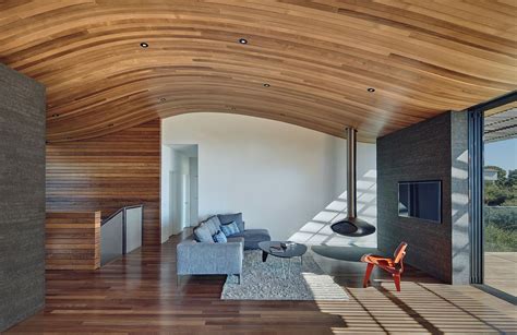 Wood Tube And Curved Ceiling Shape Skyline House Atop Eastbay Mountain