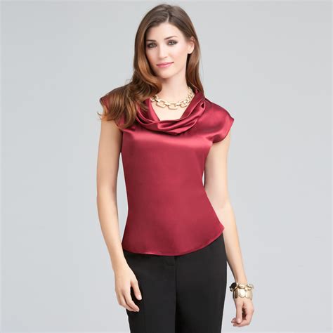 Red Satin Cowl Neck Smooth Blouse Pretty Blouses Work Outfits Women Blouse Back Neck Designs