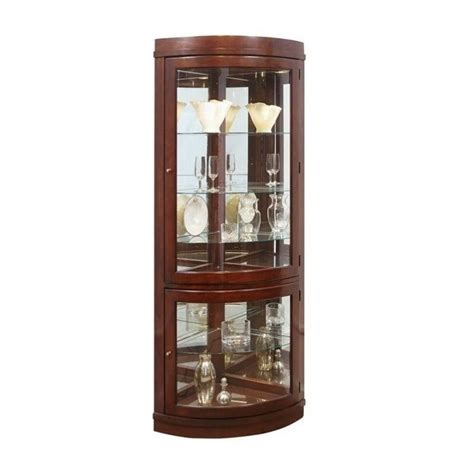 Touch light, 2 front glass doors (2 glass shelves inside & back mirror), oversized crown, base: Pulaski Chocolate Cherry Curved Corner Curio Cabinet ...