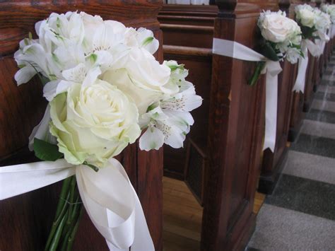 Personalized wedding aisle runners, wedding pew bows and pew clips, wedding ceremony and each chair is perfectly decorated with pew bows that coordinate with everything from bouquets to. Pew bouquets of mixed white blossoms tied with wide satin ...