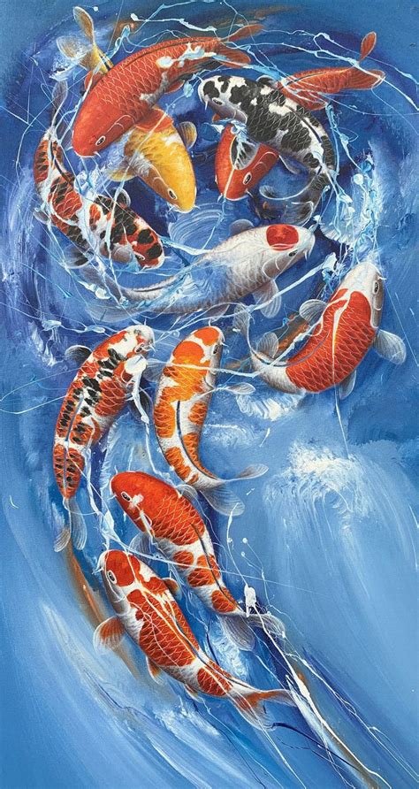 Blue Ocean 9 Koi Fish Art Hand Painted Fish Art Original Koi Painting