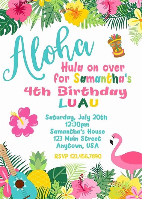 Lovely Hawaiian Party Invitation Template Free In 2020 Luau Birthday