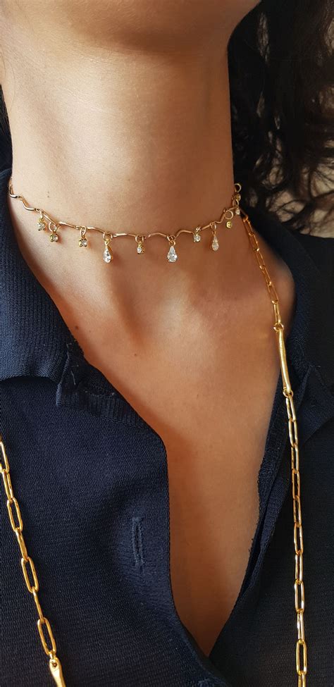 Gold Choker Collar For Woman Dainty Teardrop Choker Necklace Etsy
