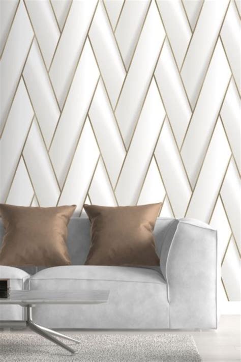 Armando Herringbone Geometric Wallpaper White Gold Debona Pastel
