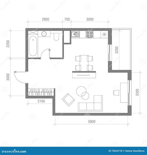 Architectural Floor Plan With Dimensions Studio Apartment Vector