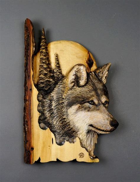 Wolf With Moon And Pines Handcarved In Wood By Etsy Art Sculpture